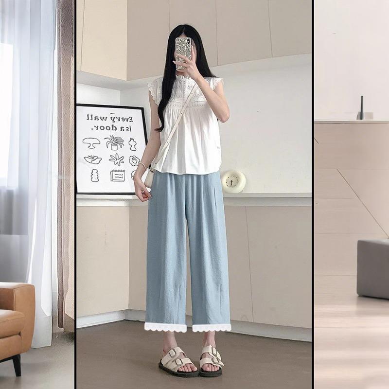 

Летние тонкие брюки для беременных без поддержки, свободные большого размера, для полных мм, с животом, повседневные брюки девять точек, широкие брюки-морковки 2XL [Suitable for 135-75kg] синий