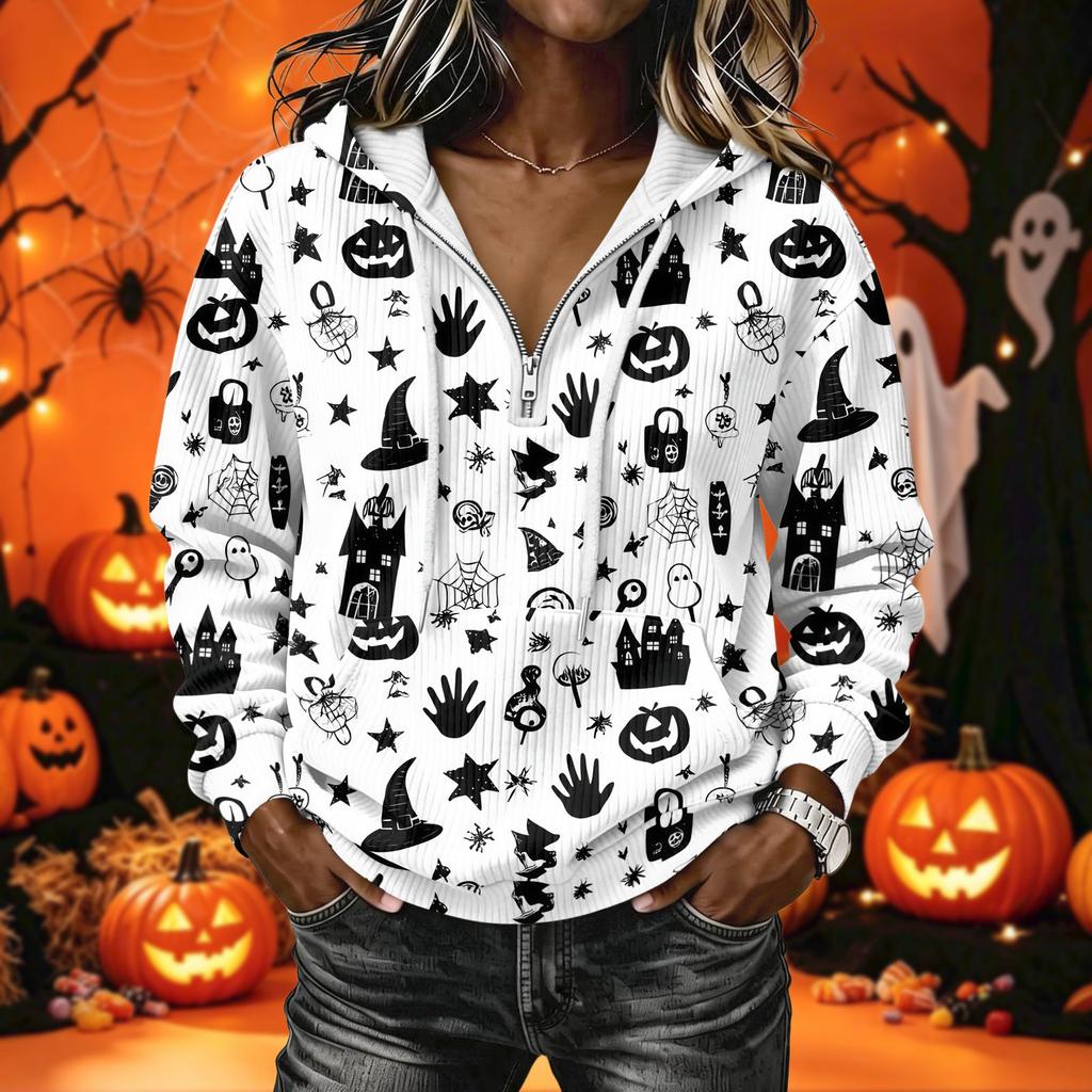 Women's Halloween Print Long Sleeve Hoodie Pullover Sweatshirt