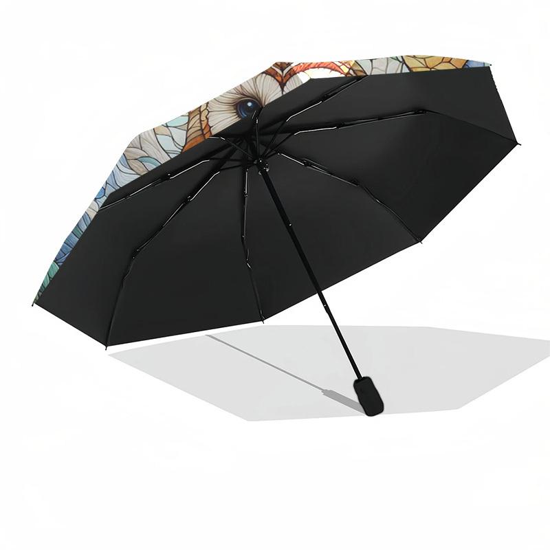 1pc Stained Glass Owl Design Automatic Folding Umbrella - Portable Tri-Fold Design with 8-Bone Iron Frame, Perfect for Outdoor Use, Festive Gifts, Fan
