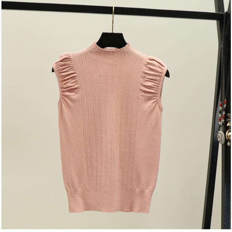 Summer New Simple Solid Color Semi-turtleneck Pleated Pullover Sweater Women Wear Sleeveless Vest Top