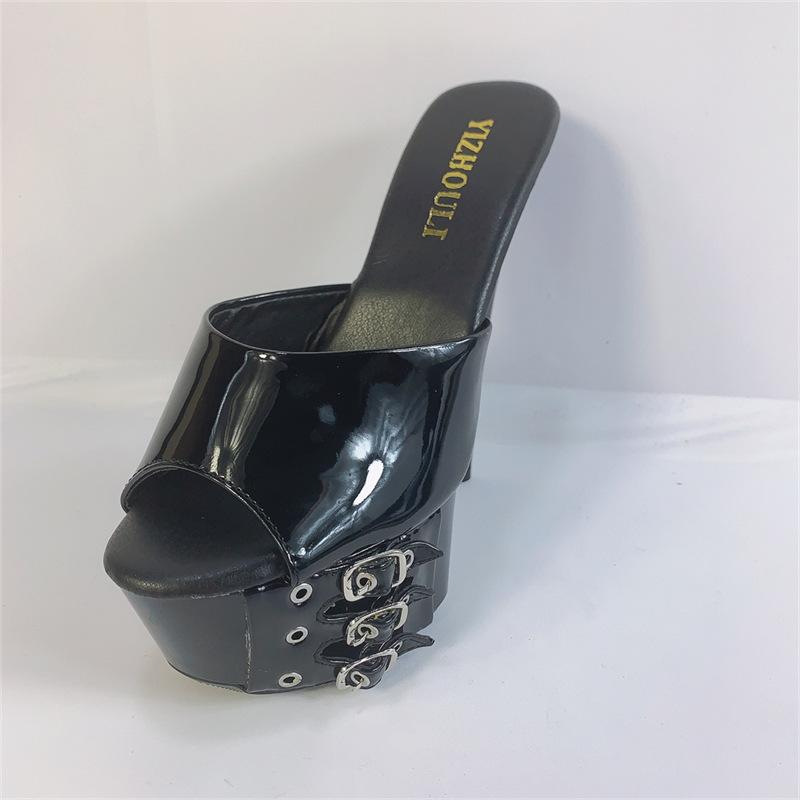 

15Cm super high heels, thin heels, black cool slippers, hate the sky high waterproof table women 34-46 34 чёрный