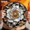 Round Metal Wall Art, Retro Floral Poster, Gold and White, Living Room Decor