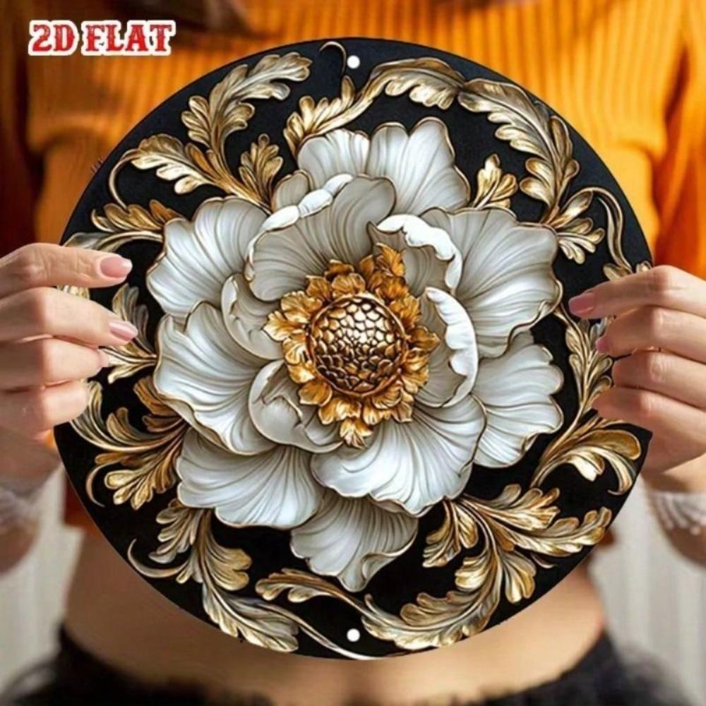 Round Metal Wall Art, Retro Floral Poster, Gold and White, Living Room Decor