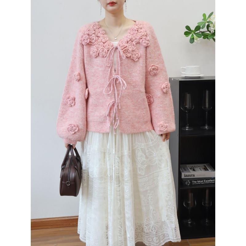 Heavy Industry three-dimensional flower knitted cardigan autumn and winter new lace-up loose gentle wind sweater jacket women