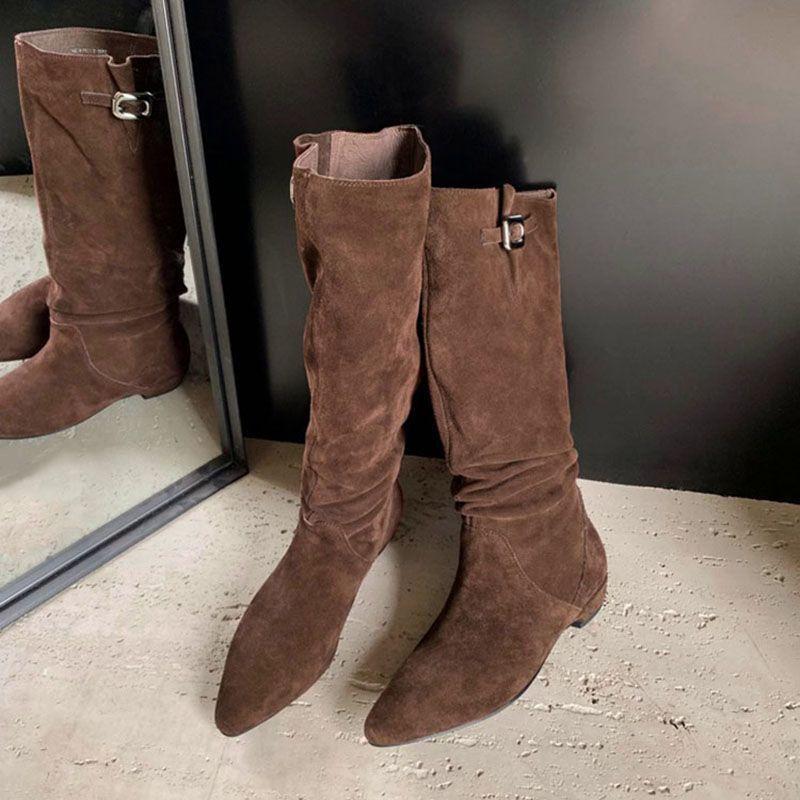 Retro spitzen Schnalle mit Western-Cowboystiefeln Damen 2025 Herbst und Winter neu weiter Schaft schlankes Pile lange Schaftstiefel