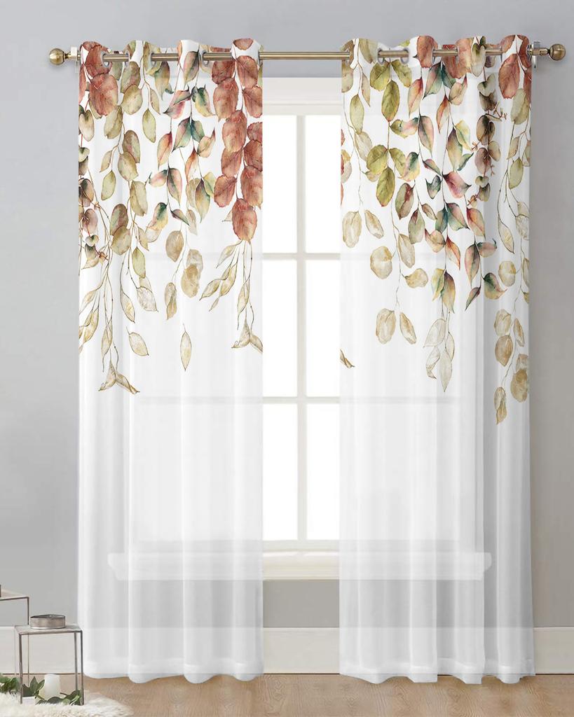 Podzimní eukalyptové listy Průsvitné závěsy pro dekoraci obývacího pokoje Okenní závěsy pro kuchyň Tylové Voálové Organzové závěsy