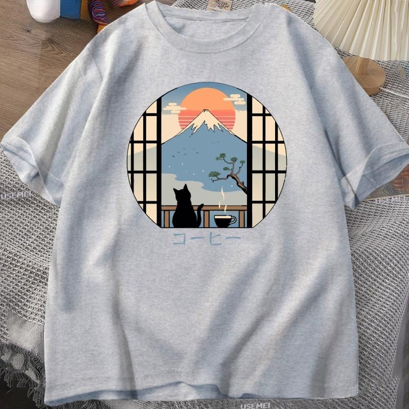 Coffee Cat in Mt Fuji Tshirt Men Women Round Neck Short Sleeve Tshirt Japanese Style Printed TShirt Cotton Oversized Tops