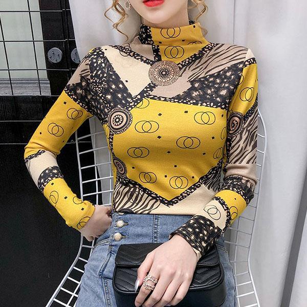 

Весенне-осенние тонкие топы с высоким воротом и длинными рукавами с принтом, женские эластичные повседневные рубашки большого размера M жёлтый