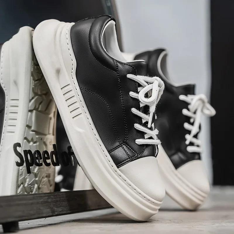 

Men s Casual Sports Shoes Thick Bottom Wear-resistant Large Head Wide Foot Spring Style Waterproof Synthetic Leather Sneakers 41 чёрный