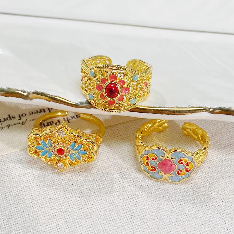 Flowering Color Medieval Enamel Open Ring Retro National Tide Pattern Personalized Heavy Industry Exquisite Niche Ring Woman