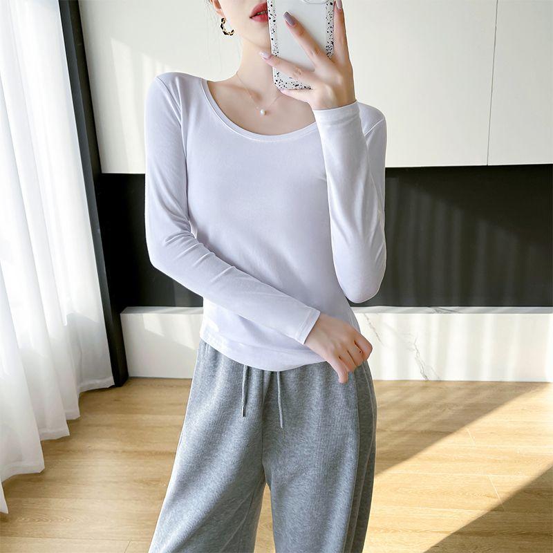 

Женская базовая футболка с длинным рукавом из чистого хлопка, с низким вырезом, круглым вырезом, однотонная, для ношения под одежду, белая, в стиле ранней осени M белый