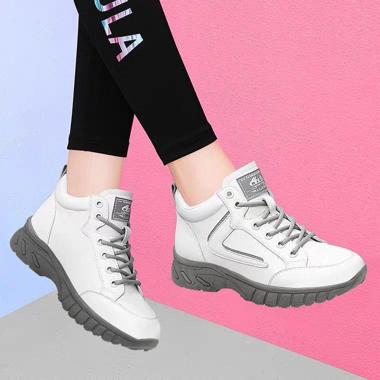 Soft sole sports shoes women's new autumn winter black thick sole plus velvet leather casual sneakers shoes C1332