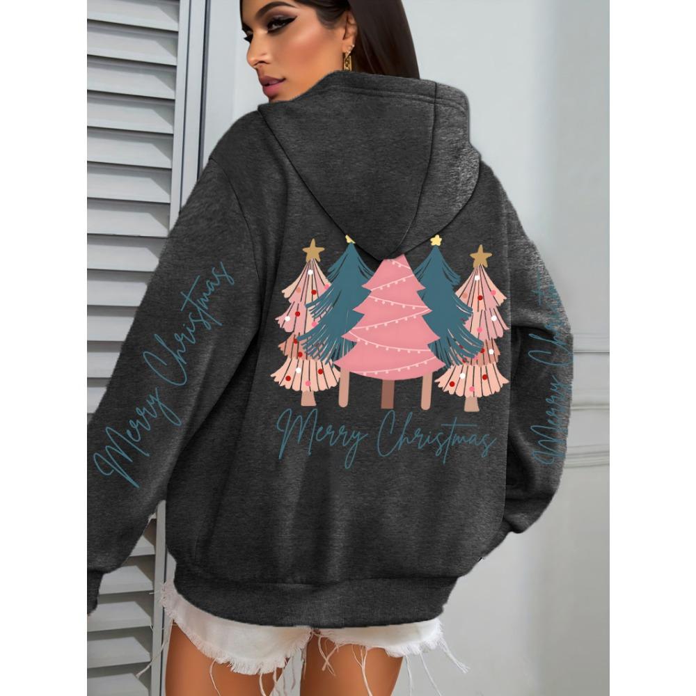Merry Christmas Beautiful Trees Printing Women Hoodies Loose Hoody All-Match Y2K Pocket Clothing Autumn Casual Streetwear