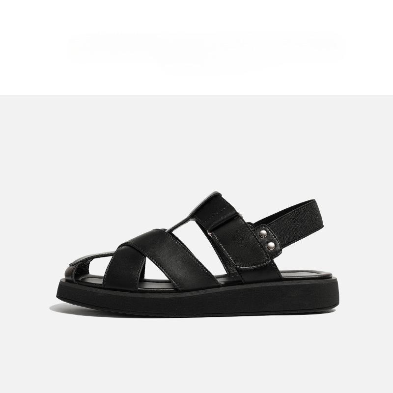 

[Uncle Shoes] Knock soft! Baotou Roman sandals female summer wear fairy style with skirt flat bottom hollow pig cage shoes 35 чорний