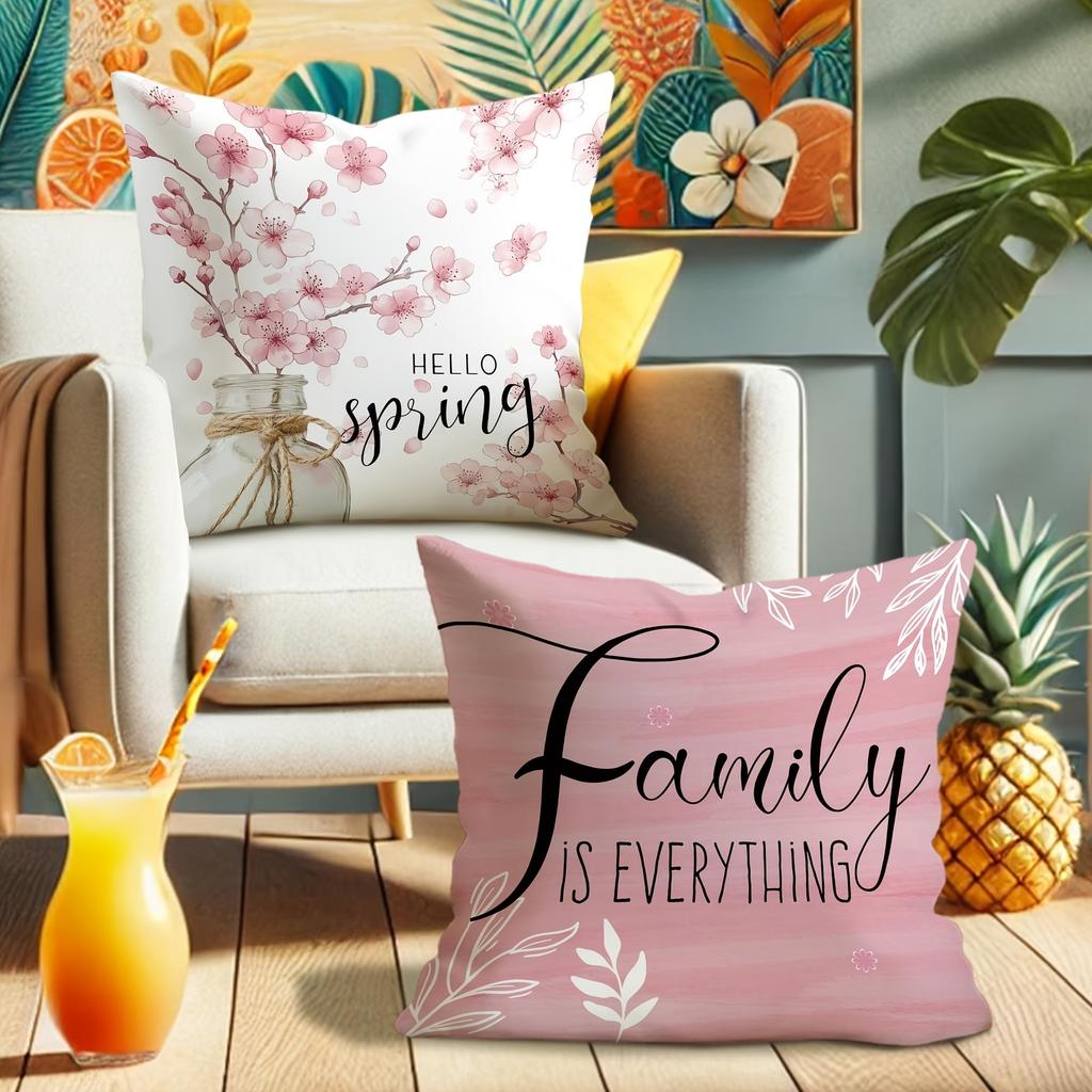 Blooming love pillow cover: cherry blossoms are romantic, warm home and family heart-warming words, sofa cushion cover
