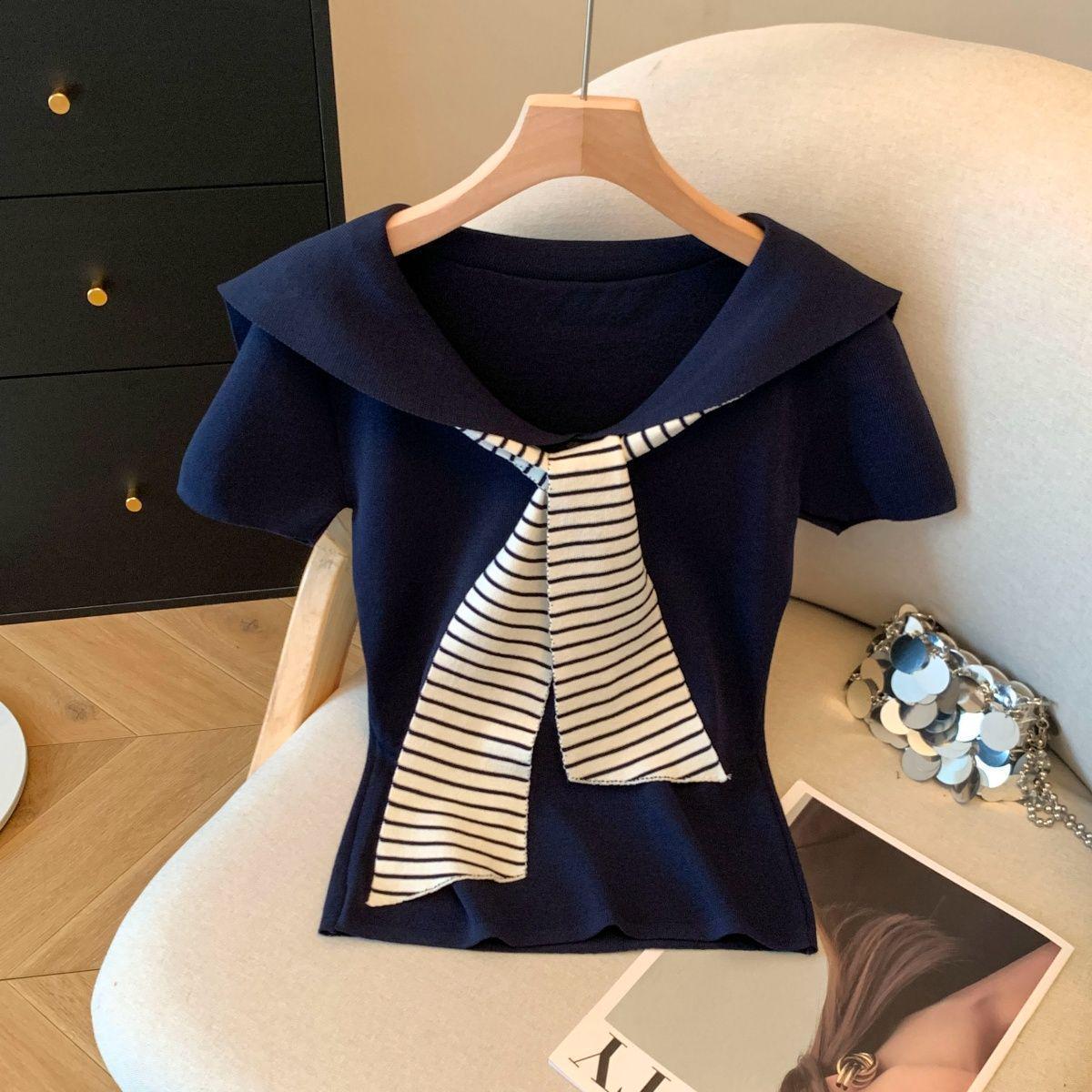 

Plus Size Navy Collar Stripe Sleeve T-shirt, Fake Two-Piece, Trendy Summer Top S (60-80 lbs) Темно-синій