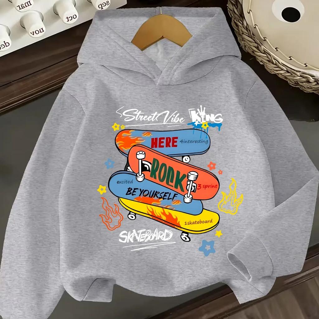 Kids Skateboard Hoodie Graffiti Graphic Print Pullover Sweatshirt Boys Girls Streetwear Cartoon Casual Hooded Top Autumn Winter