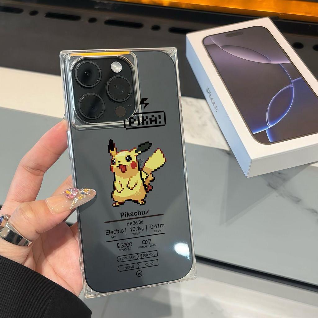 Clear Square Back Tube Case Protection For iPhone 12 13 16 ProMax 15 Plus 11 14 Pro Max Anti-Oxygen,Cute Pikachu Pattern Casing