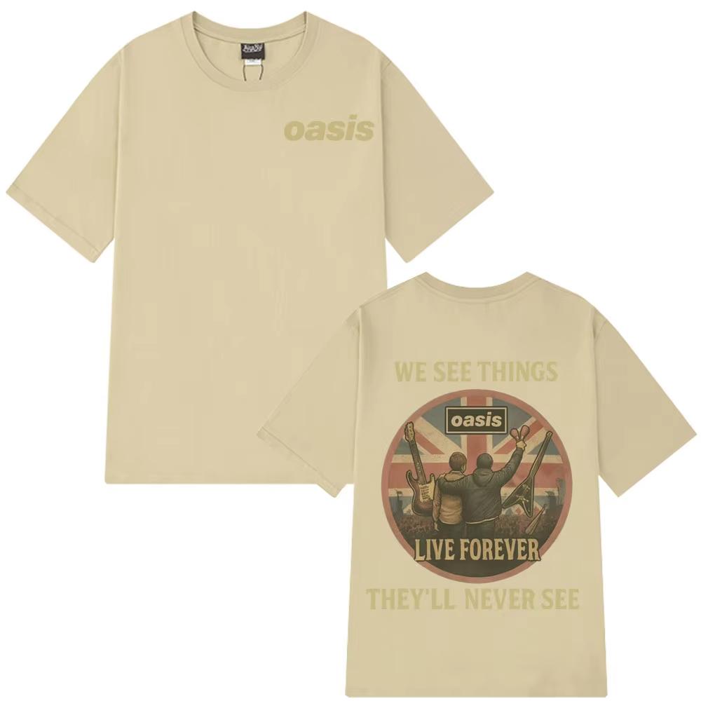 Oasis Live Forever Back Vintage Print T Shirt Men Women Pop Music Hip-hop T-shirts Short-sleeved Casual Loose T-shirts Ins Y2k