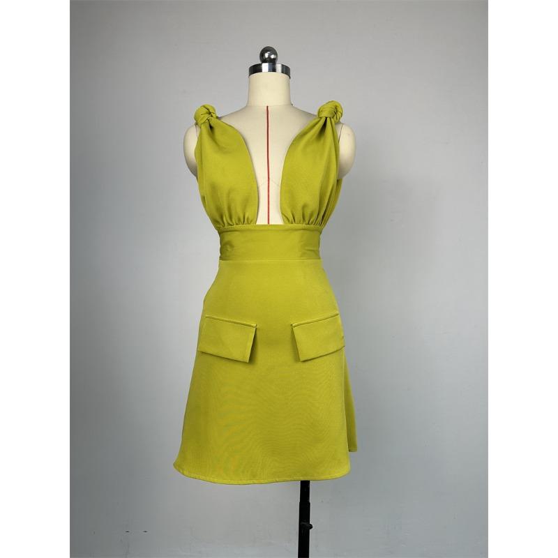 Sommerkjole for kvinner Temperament V-hals Design Høy midje falsk lomme A-linje Halter kjoler