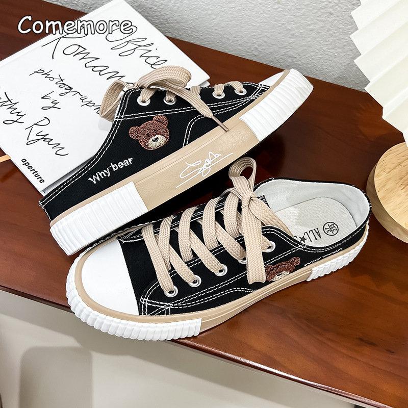 Fashion Comemore Spring Women Cute Bear Canvas Shoes Flat Casual All-match Half Slippers Korean Version Lace Up Ladies Vulcanized Shoe