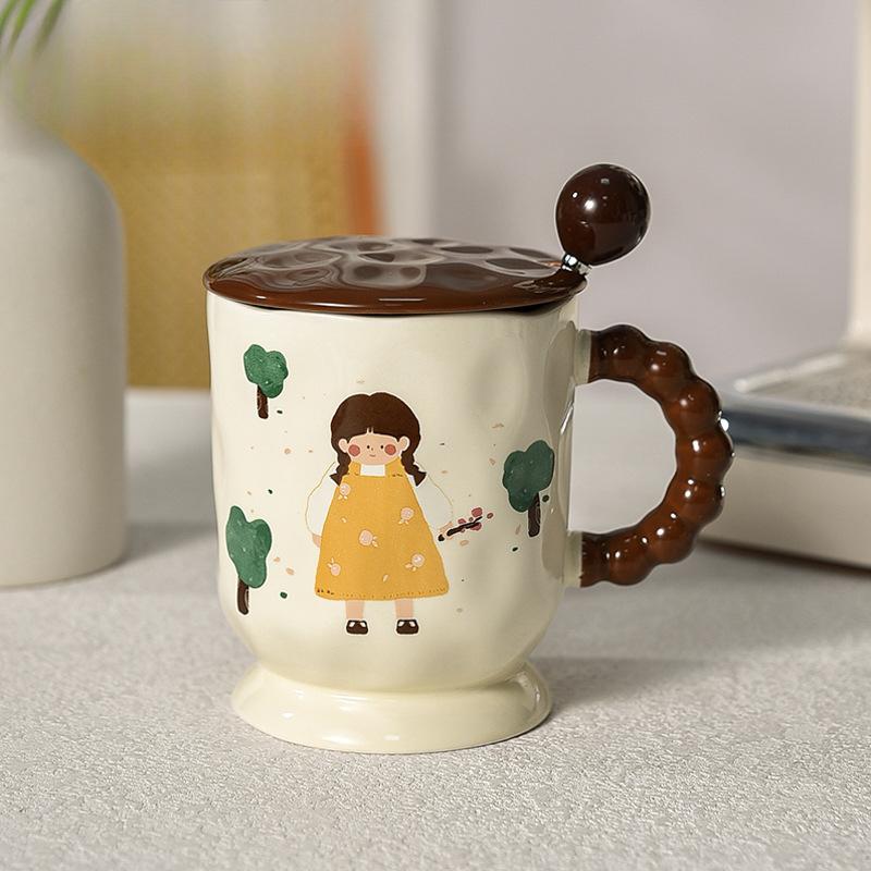 

Милая кружка с мультяшным персонажем, с крышкой и ложкой, ретро-девочка, керамическая детская чашка для питья воды для домашнего использования 370ml