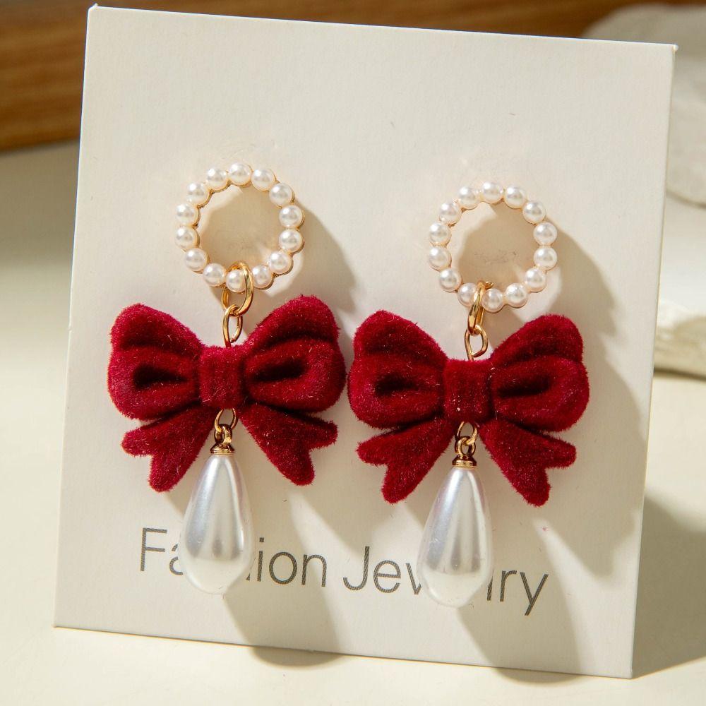 Bowknot Wine Red Bow Drop Earrings Zinc Zinc Alloy New Year Earrings Red Velvet Bow Earrings  Decoration