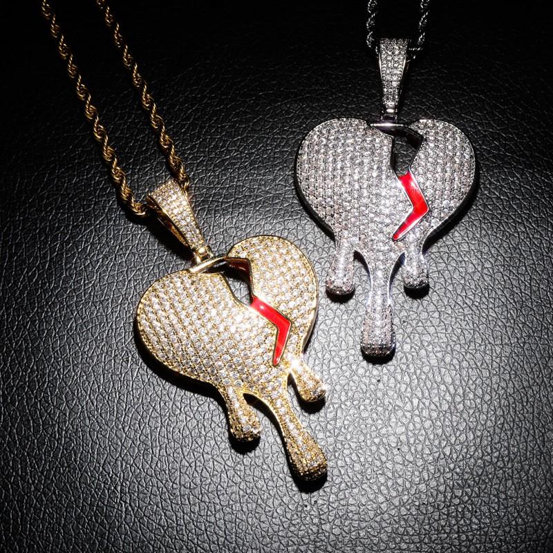 Broken Heart Pendant Necklace Hip Hop Style Full Zircon Water Drop Shape Gold