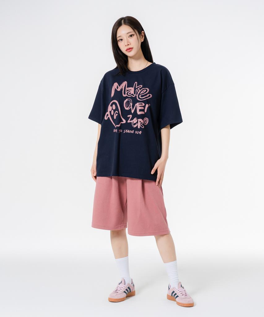 MOZMOZ [Set] Ghost Drawing Short Sleeve + Double Cotton Wide Single-Pleat Shorts Set-Up Navy