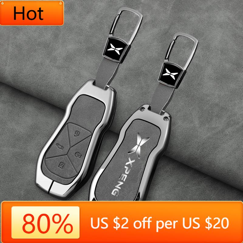 Interior Mouldings Alloy+Leather Car Key Fob Cover Case Shell For Xpeng Xiaopeng P7 P7i P5 G3 G3i G9 G6 22-23 Holder Interior Ke