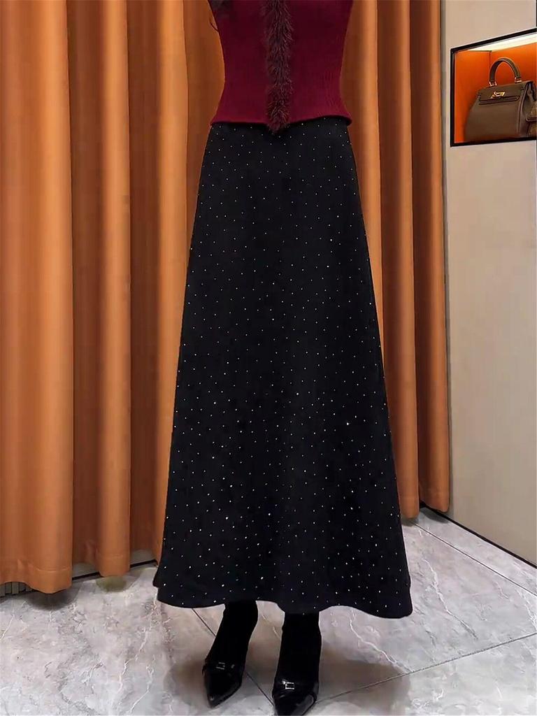 Premium Rhinestone High-Waisted A-Line Fishtail Skirt - Women's Autumn Winter Fashion