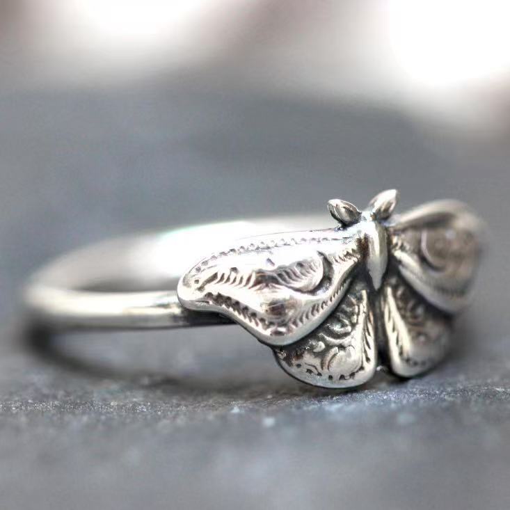 Vintage Death Moth Statement Ring, Retro Engraved Luna Moth Ring, Gothic Insect Stack‑able Jewelry, Unique Gift for Women Men