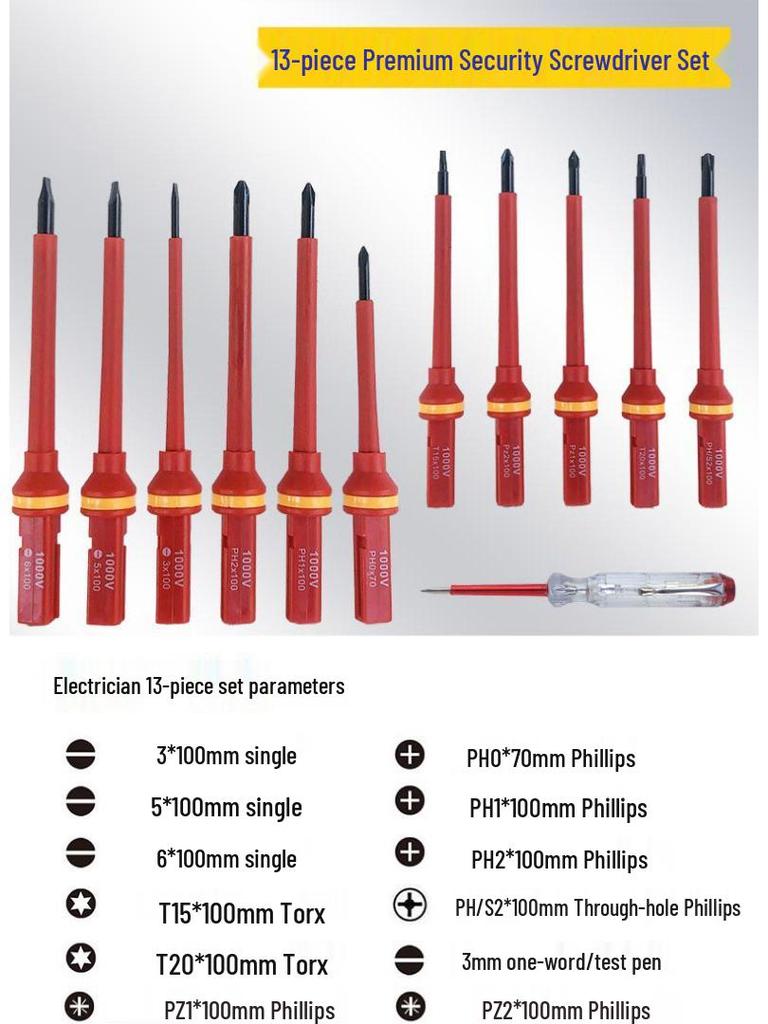 13-Piece Multi-Function Electrician Screwdriver Set, 1000V Insulated, Hardened Chrome-Vanadium Steel, Strong Magnetic Design