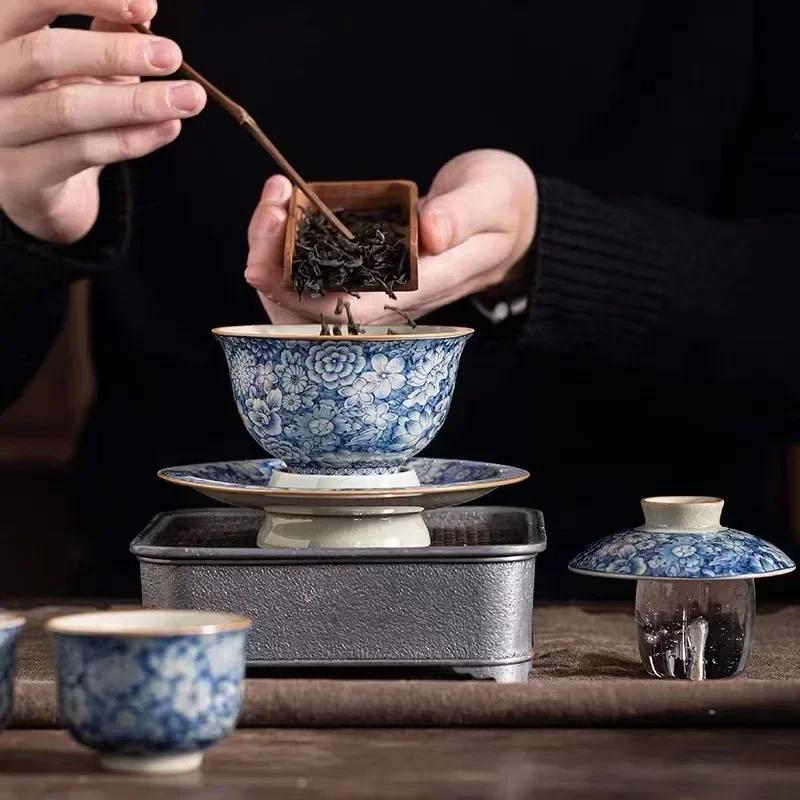 Old Clay Tea Cup, Tea Brewing Bowl, Ceramic, Single Ceremony,Ceremony, Bamboo Hat Tureen, High-End Sancai Gaiwan, Blue and White