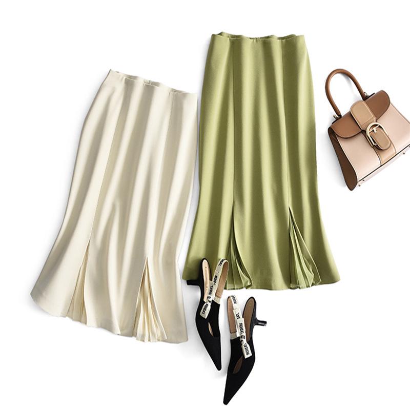 

In Stock - Silk-like Acetate Pleated High-Waist 3-Color Fishtail Skirt for Women Medium яблочный зеленый