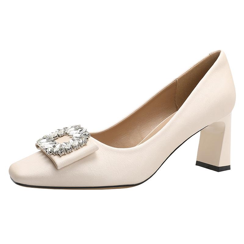 Black High Heels Temperament Is Not Tired Feet 2025 New Spring and Autumn Square Head French Rhinestone Square Buckle Thick Heel Shallow Mouth Sin