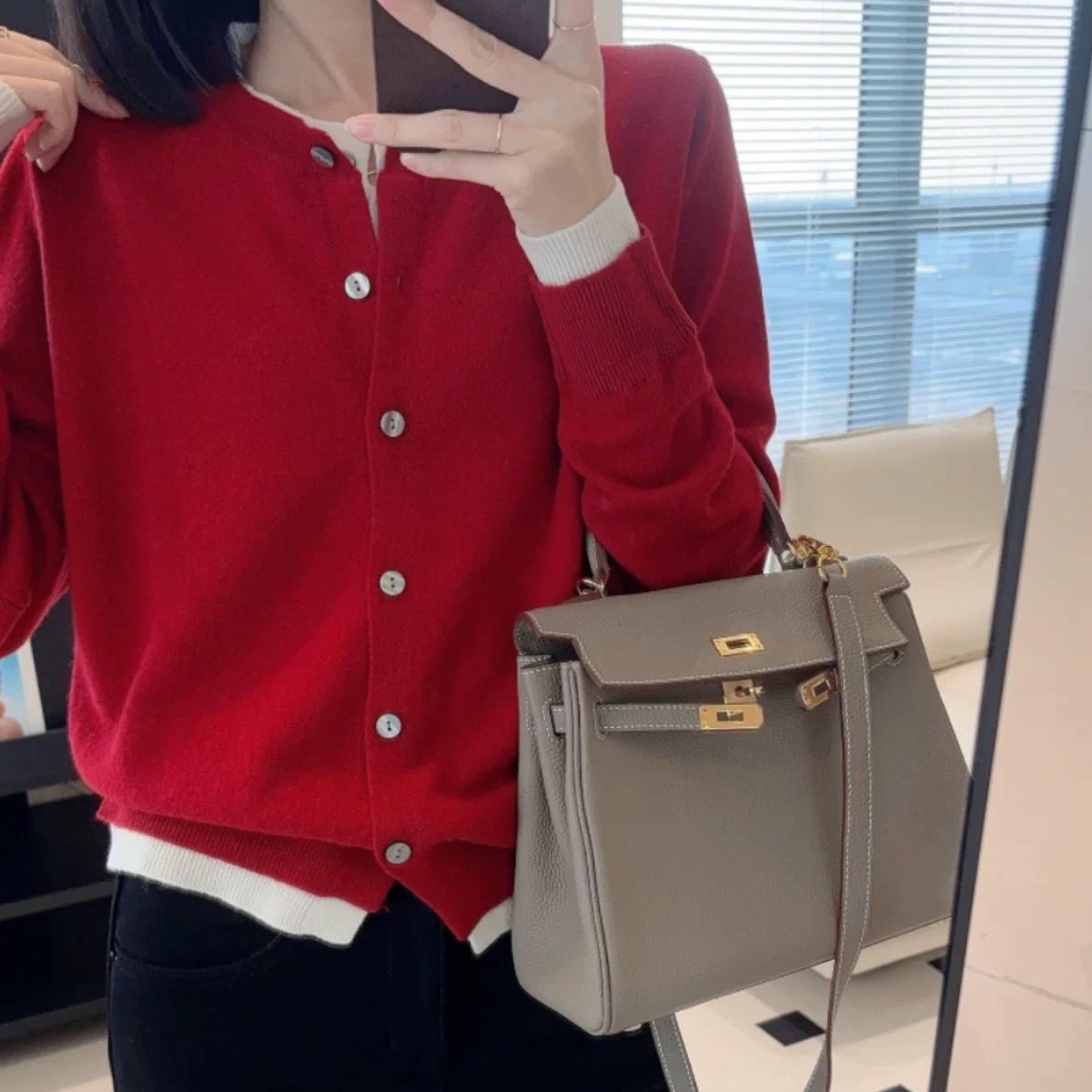 

Женский многослойный шерстяной кардиган контрастной вязки - для ношения весной и зимой One Size белый/красный