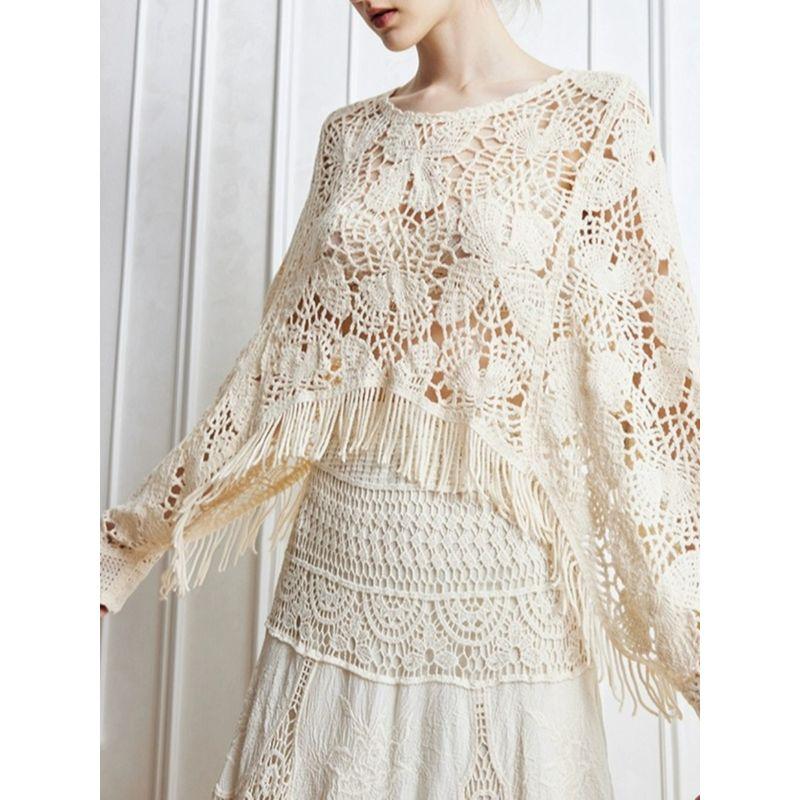 And American Autumn New Round Neck Crocheting Butterfly Hollow Tassel Short Loose Long Sleeve All-Match Cover Up Sun Protection Clothing Women