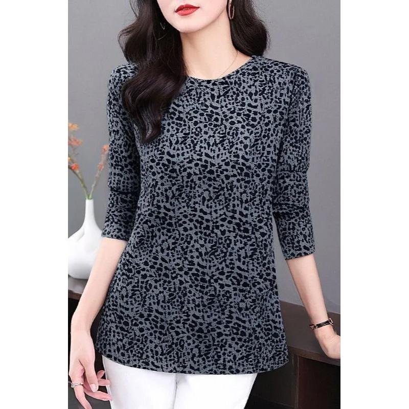 

Women s Gray Black Leopard Print 3/4 Sleeve Top Round Neck Casual Blouse M чорний