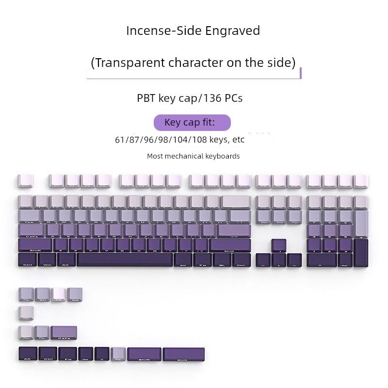 

Prewalker PBT Key Cap Side Engraved Mechanical Keyboard Transparent Sublimation Purple Gradient 87/108/98 Key Good-looking Dark incense side engraved key cap-transparent PBT