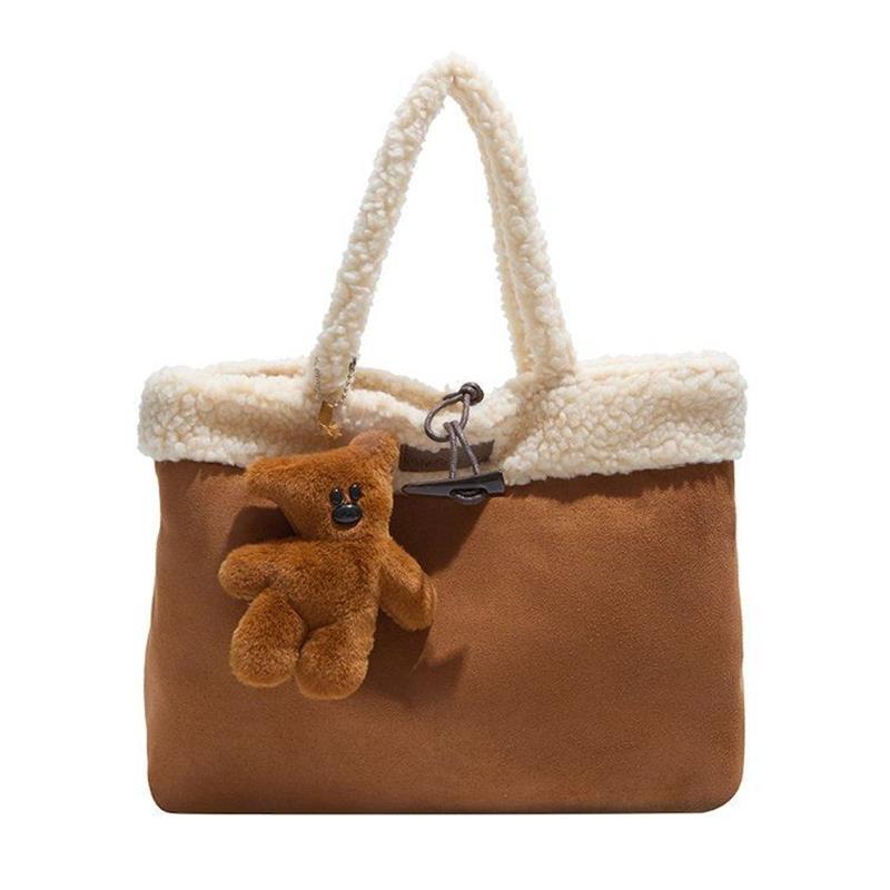 

Vintage Horn Button Suede Tote Bag Women Korean Imitation Lamb Wool Trim Brown Handbag With Pendant Versatile Casual Shoppingbag