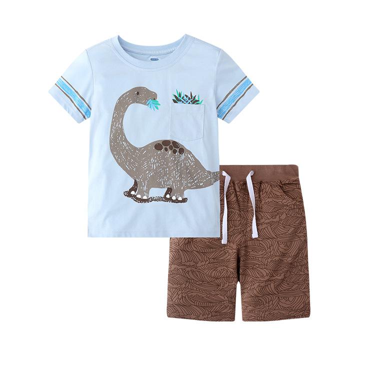 Boys' Two-piece Cartoon Printed Children's Round Neck Short Sleeved and Checkered Shorts Set