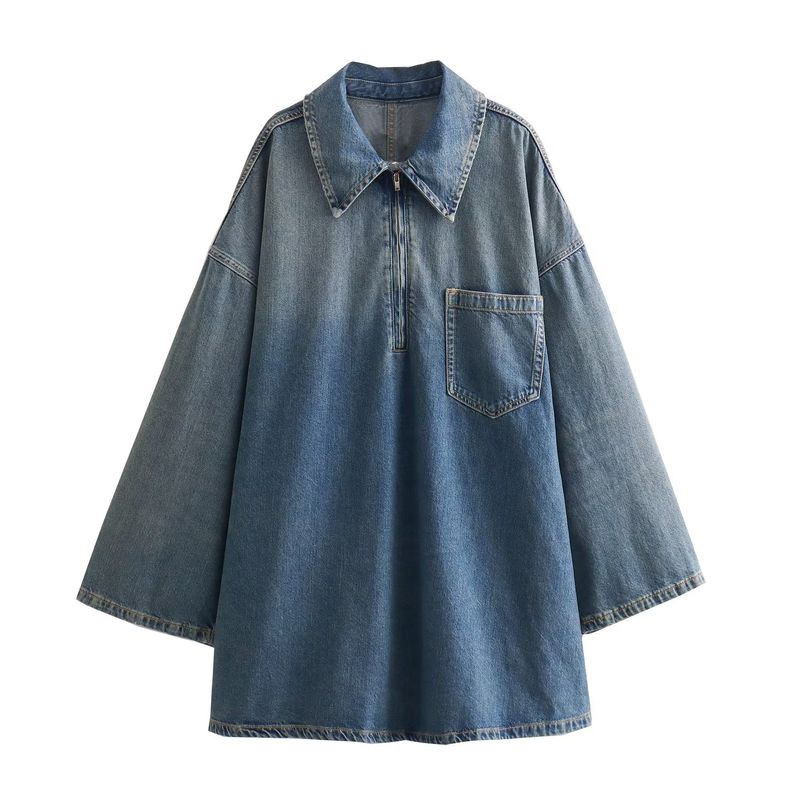 

Women s New Fashion Polo Collar Loose Denim Dress Blue M