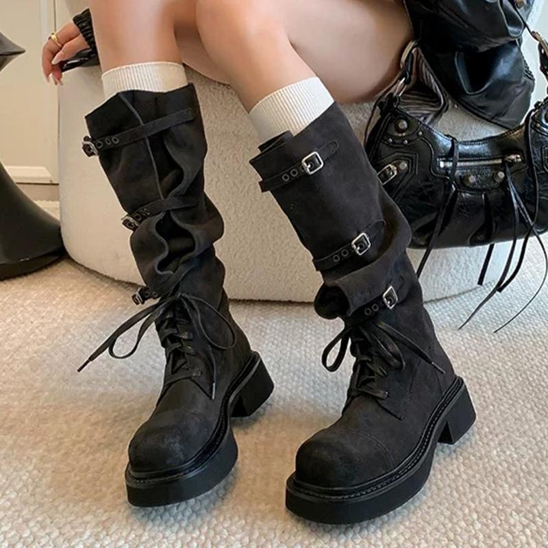 Fashion High Boots Women Winter Designer Shoes Flats Lace Up Fashion Knee High Boots 2025 New Cozy Dress Goth Chelsea Botas Mujerzapatos