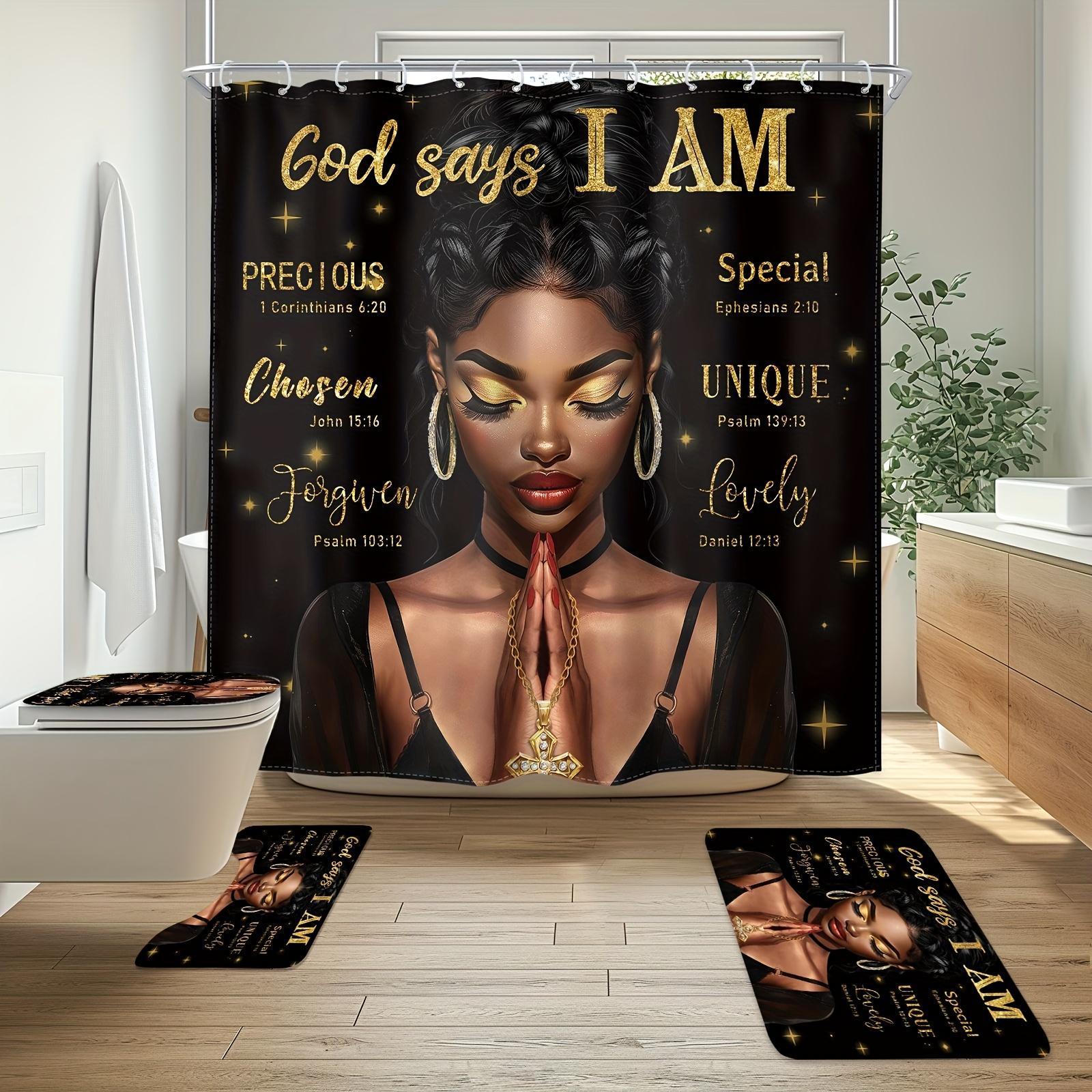 

“God Says I Am” Inspirational Bathroom Set - Waterproof Shower Curtain, Toilet Lid Cover, Bath Mat, and Contour Mat