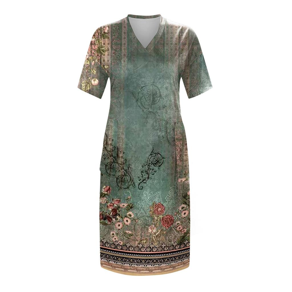 Women's Summer Plus Size V Neck Short Sleeve Knee Pocket Retro Flower Print Casual Dress