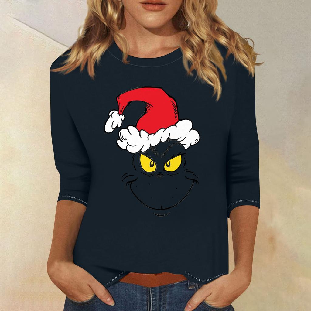 3/4 Sleeve Tops For Women T-Shirt Casual Christmas Print Tops T Shirt Round Neck Pullover Blouse