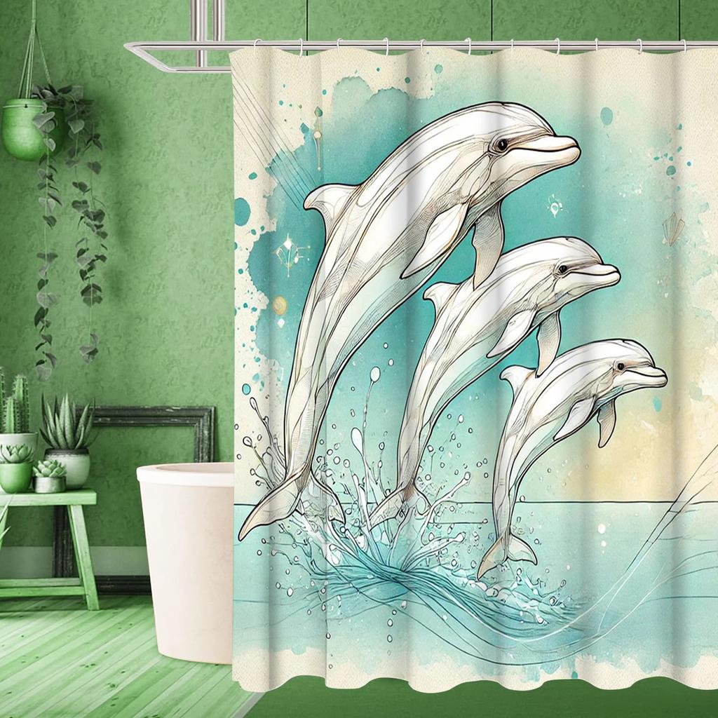 Carton Dolphin Pattern Bathing Curtain Bathroom Shower Curtain Waterproof With 12 Hooks Home Deco