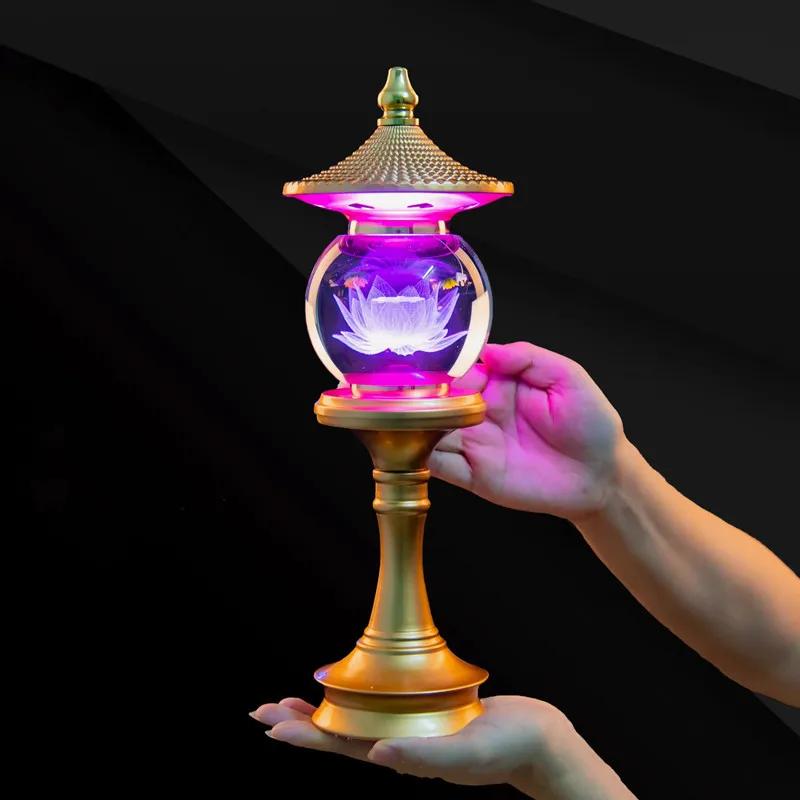 Home Decoration, Alloy Crystal Ball LED Seven Color Lotus Lamp, Buddha Offering Lamp, Meditation, Buddha Tools and Supplies