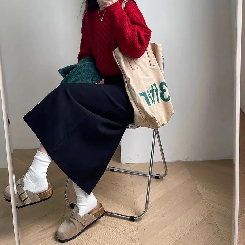 With Sweater Coat Skirts Autumn and Winter New Gray Back Slit Suit Skirt